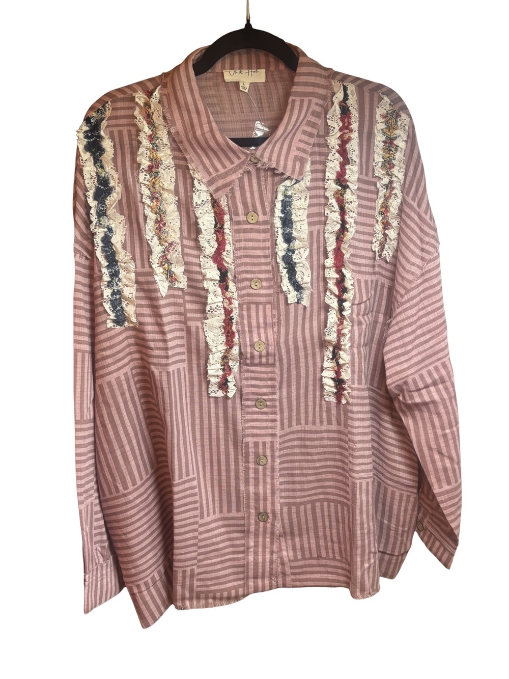 Oli & Hali Dusty Rose Boho Patchwork Raw EdgeTop Large NWT